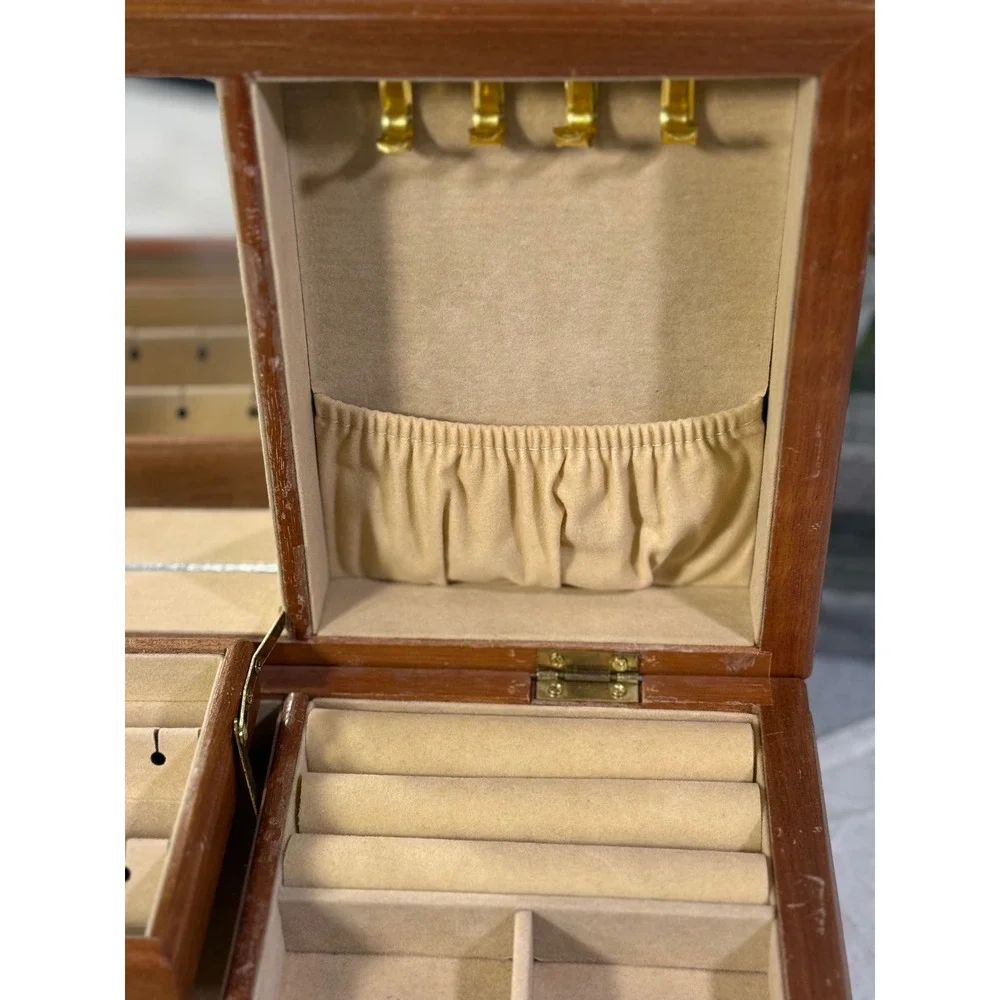 Vintage Wooden Jewelry Box Mirror Drawer Brass Hardware Brown Estate Organzier